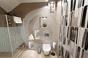 Dressing room in beige colors. In the frame is a shower, toilet