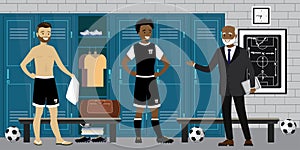 Dressing room interior with lockers with sporting equipment. Football players and coach talking. Soccer players dressing uniform