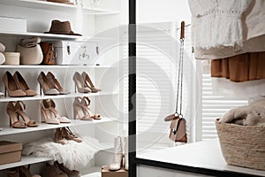 Dressing room interior with stylish shoes and accessories on shelves