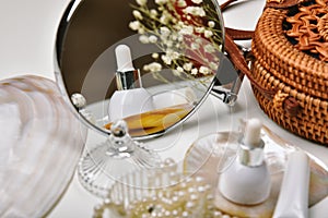 Dressing table with luxury cosmetic and skincare set, Cosmetic bottle containers with marine pearl extraction essence