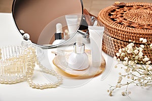 Dressing table with luxury cosmetic and skincare set, Cosmetic bottle containers with marine pearl extraction essence