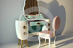 dressing table with mirror and chair, ready for primping and preening