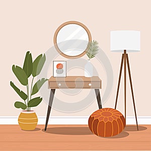 Dressing table with mirror. Cozy home interior. Vector illustration