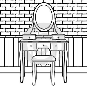 Dressing table with mirror, female boudoir for applying makeup, coloring, sketch, contour black and white drawing, vector illustra