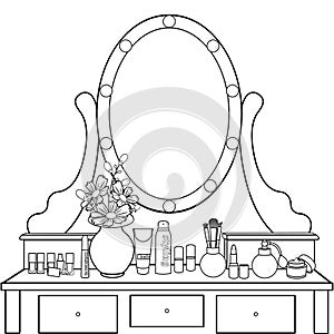 Dressing table with mirror, female boudoir for applying makeup, coloring, sketch, contour black and white drawing, vector illustra