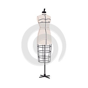 Dressmaking dummy, mannequin. Sewing tailors manikin. Fabric female body, women textile torso with metal grid, stick photo