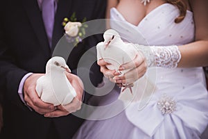 Dride and groom holding white pigeons