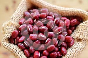 Dried Adzuki Red Beans in a Burlap Bag