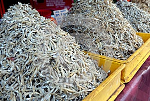 Dried anchovies on sale at flea market in Malaysia