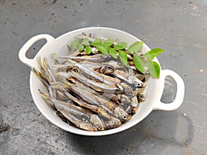 Dried Anchovy Fish decorated with herbs and lemons on a floor Background Selective Focus