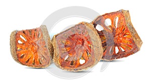 Dried bale fruit tea on white background