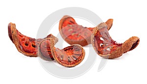 Dried bale fruit tea on white background