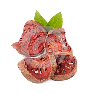 Dried bale fruit tea on white background