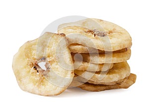 Dried banana close-up on a white background. Isolated