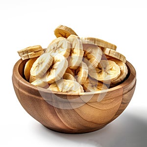dried banana sliced in bowl on white background