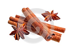 Dried bark of Cinnamomum cassia with star anise. Isolated on white background