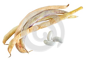 Dried bean pods and grains on isolated background