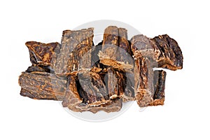 Dried beef lung pieces, an easy to chew and nearly fat free natural healthy dog treat on white background