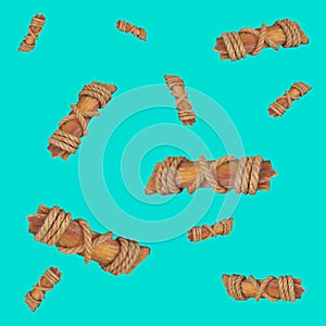 Dried beef tendons for dogs on turquoise