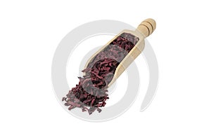 Dried beetroot slices in wooden scoop isolated on white background. in wooden scoop isolated on white background. food ingredient