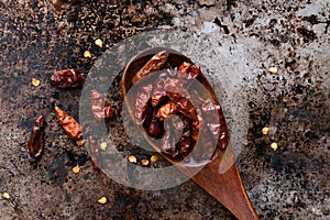 Dried Birdseye Chilis on a Wood Spoon