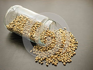 Dried black-eyed peas or beans Vigna unguiculata or cowpea are poured from a glass jar on brown wooden surface