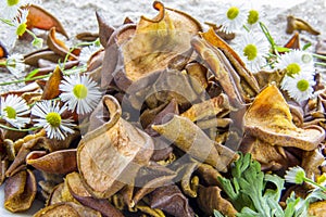 Dried brown pear slices white plate with white flowers. White daisy flowers and a green wormwood branch. Useful dry food. Edible s