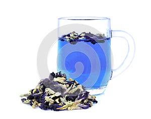 Dried butterfly pea flower with butterfly pea tea isolated