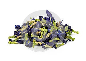 Dried butterfly pea flowers isolated on white. Blue herbal tea