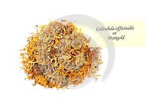 Dried calendula and a tag that says Calendula officinalis or Marigold