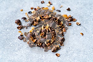 Dried Cascara Coffee Cherry Pulp and Outer Skin in Bowl photo