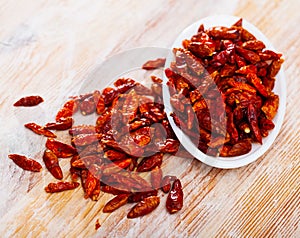 Dried cayenne pepper on white plate