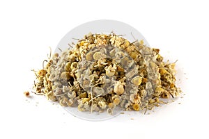 Dried chamomile buttons isolated on white background.