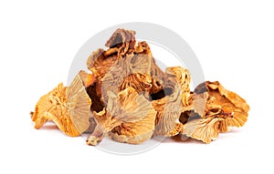 Dried chanterelle mushrooms, isolated on white background. Dried forest chanterelle mushrooms. Cantharellus cibarius