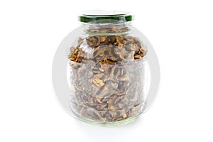 Dried chanterelle mushrooms in a jar