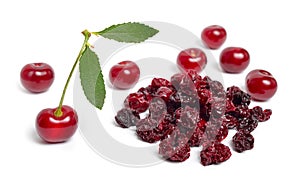 Dried cherry heap with ripe cherry. Isolated on white background