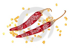 Dried chili peppers with seed on white background. Dry chilli isolated.Dry chili isolated.