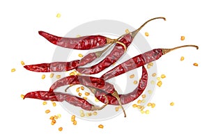 Dried chili peppers with seed on white background. Dry chilli isolated. Dry chili isolated. Dried chili isolated