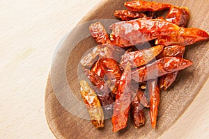 Dried chili peppers on a wooden spoon