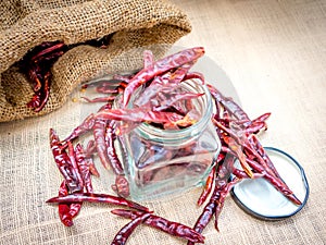 Dried chillies is ingredient of food are placed on the table.