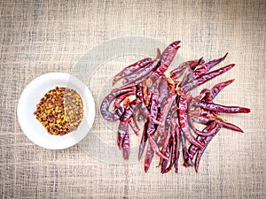 Dried chillies is ingredient of food are placed on the table.