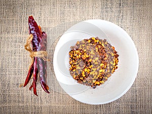 Dried chillies is ingredient of food are placed on the table.