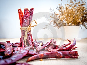 Dried chillies are placed on the table. Cooked with a spicy taste.