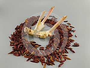 Dried chillies surrounded by fresh galangal