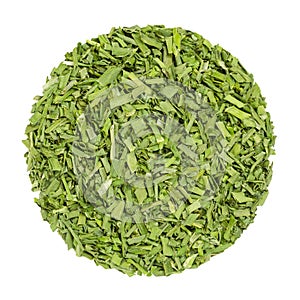 Dried chives, herb circle from above, over white photo