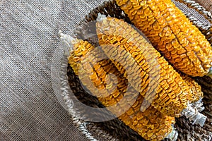 Dried Corn Stalk in basket on gunny