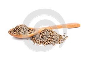Dried cumin seed or caraway in wooden spoon isolated on white background.
