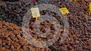 Dried date fruits on market stall, spice shop for selling, Grand Bazaar Istanbul