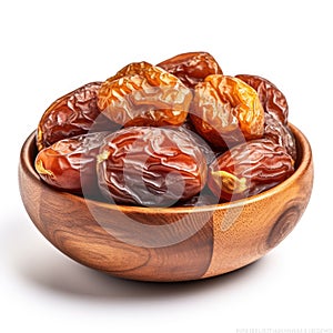 dried date palm in bowl on white background