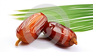 Dried Date palm fruits with green leaf isolate on white background. AI Generative
